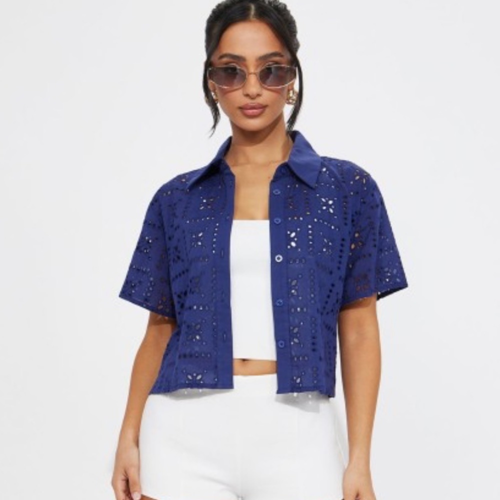 #021 Women's Navy Eyelet Button-Up Shirt